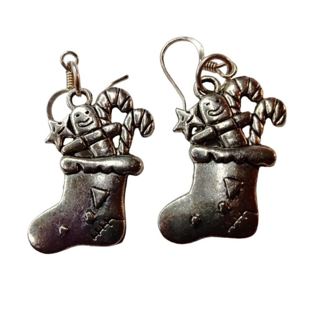 Christmas Stocking Earrings Silver Vintage Hook Drop Dangle